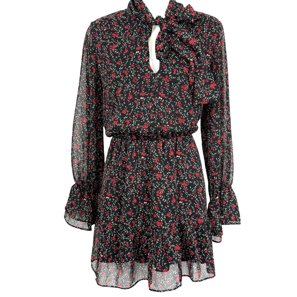 Zara Black Floral Mini Dress with Red & Green Accents